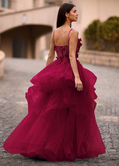 Dreama Burgundy Lace Corset Ruffle Prom Dress  Dress