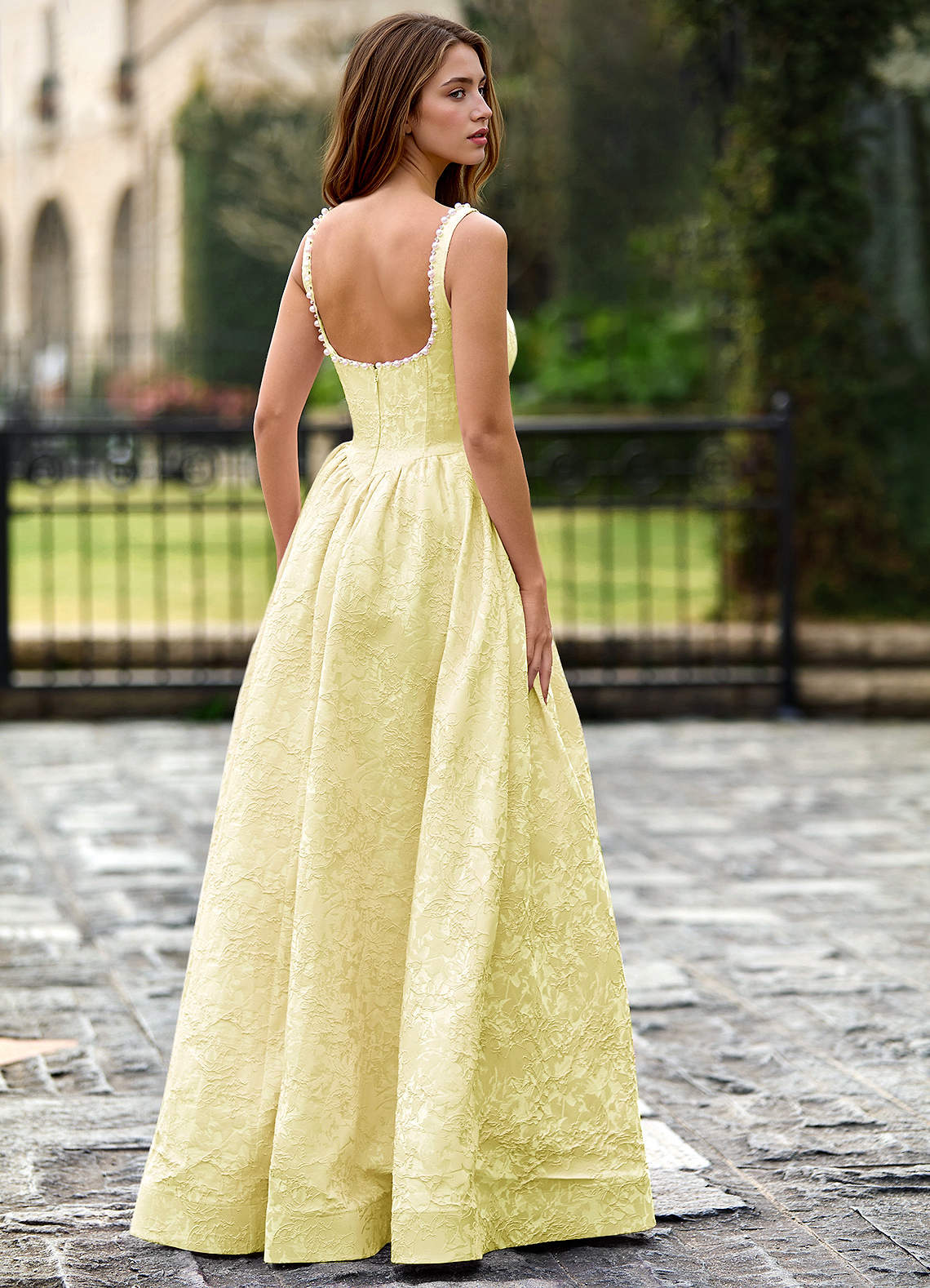 Thyme Yellow A-Line 3D Flowers Prom Dress
