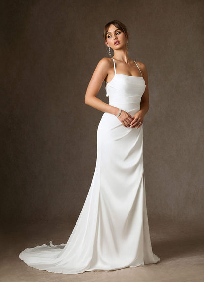 Diamond White Mermaid Pleated Stretch Satin Dress