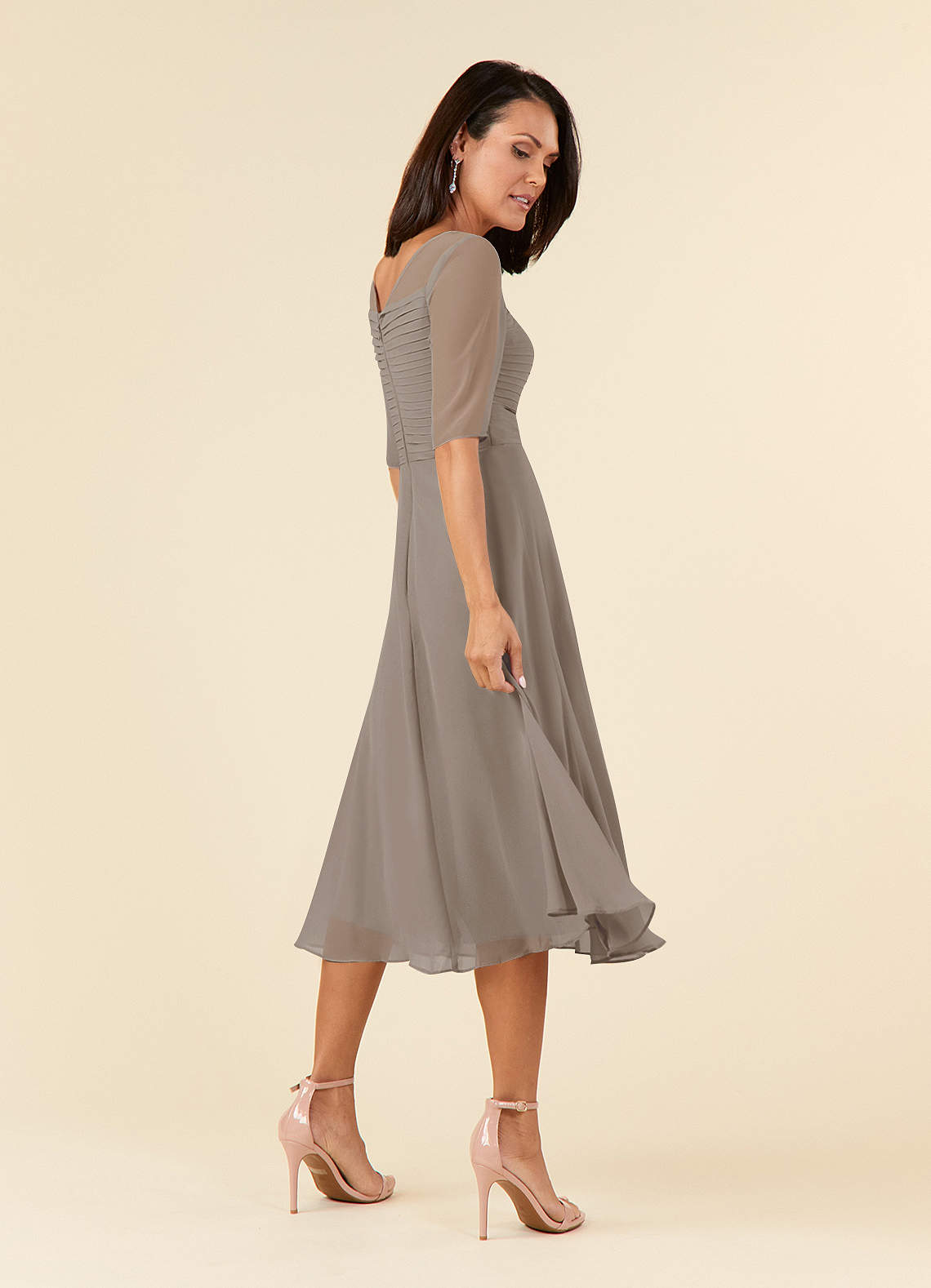 Taupe A-Line Boatneck Pleated Chiffon Dress