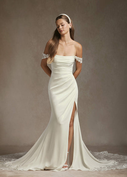 Cream Mermaid Off-The-Shouler Sequins Crepe Back Satin Dress