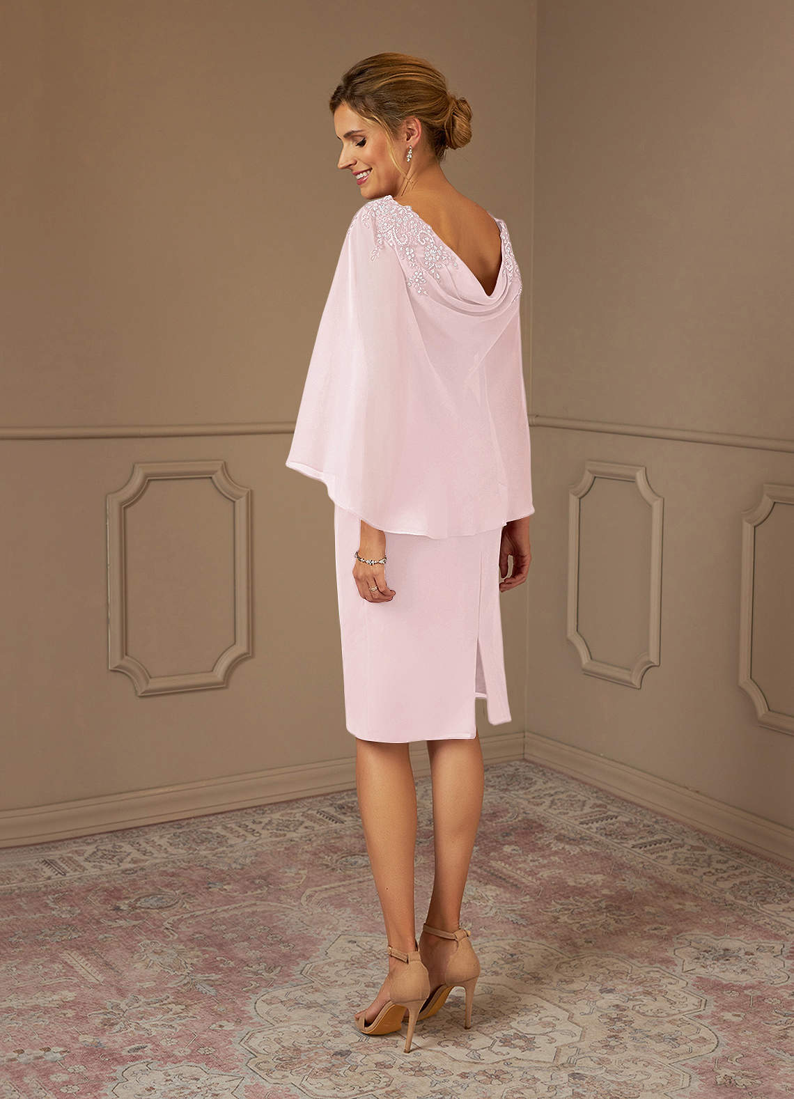 Blushing Pink Sheath Lace Chiffon Dress