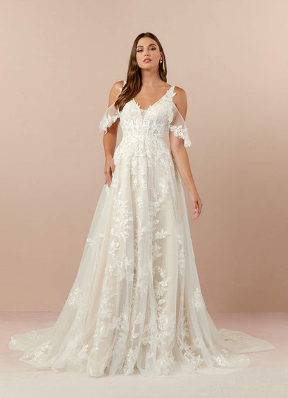 Diamond White Champagne A-Line V-Neck lace Tulle Dress
