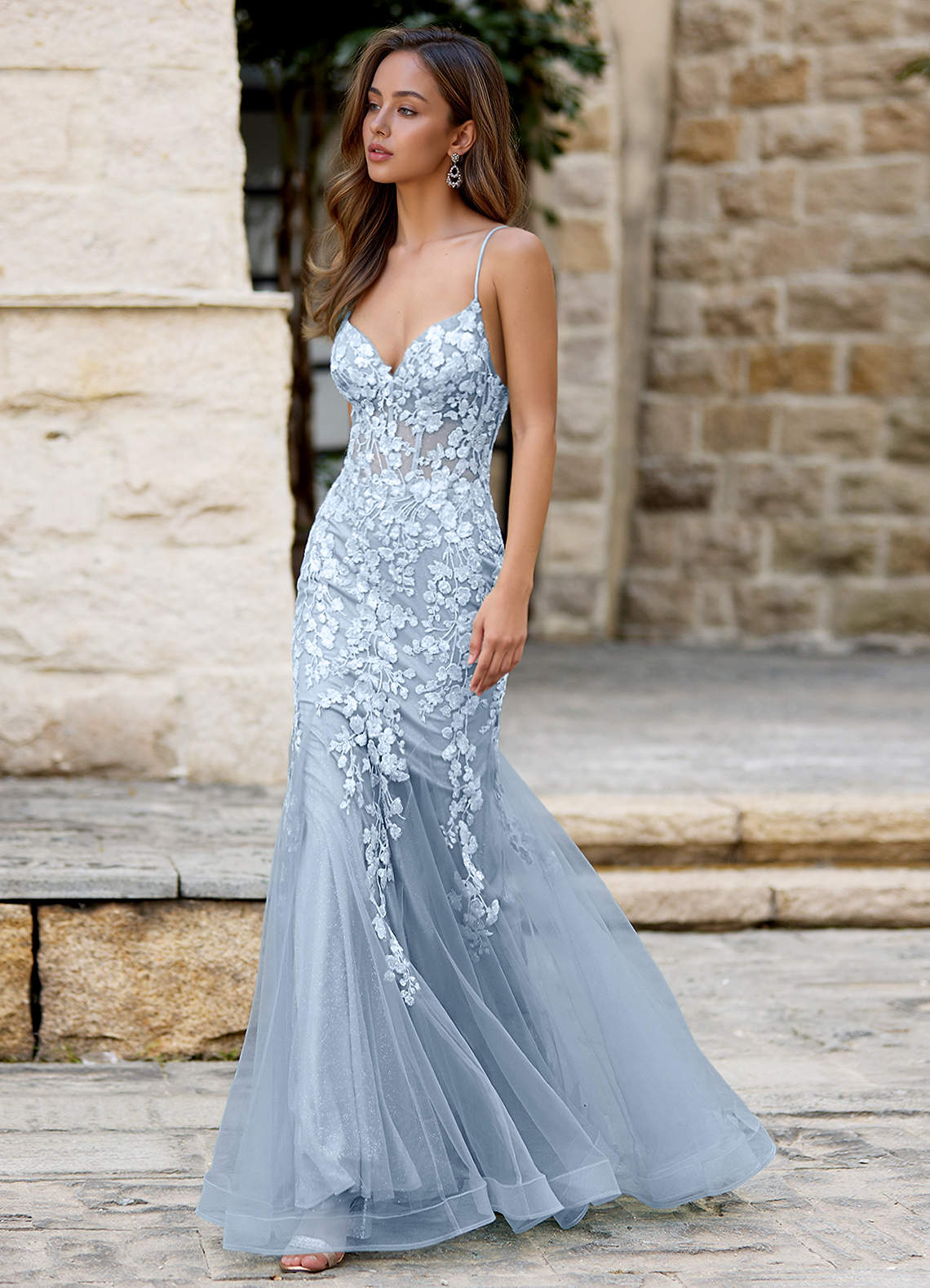 Dentelle Light Blue Mermaid Prom Dress
