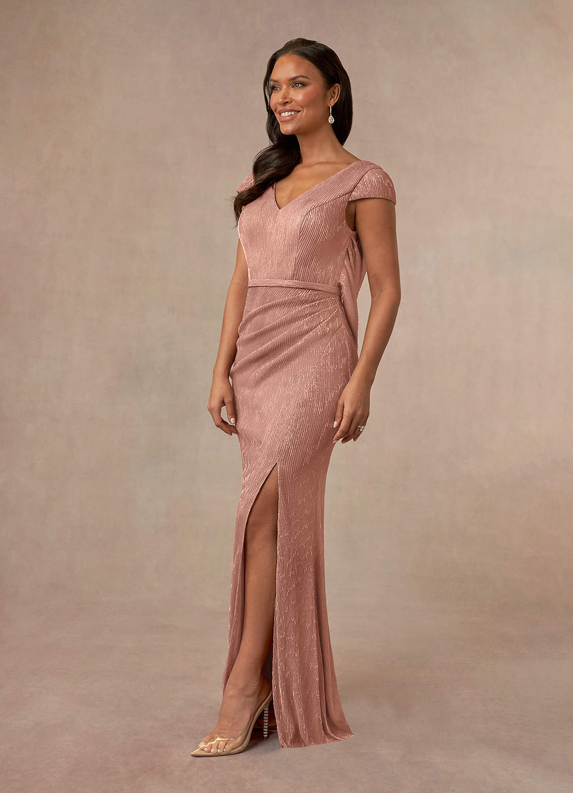 Rose Gold Mermaid V-Neck Metallic Mesh Dress