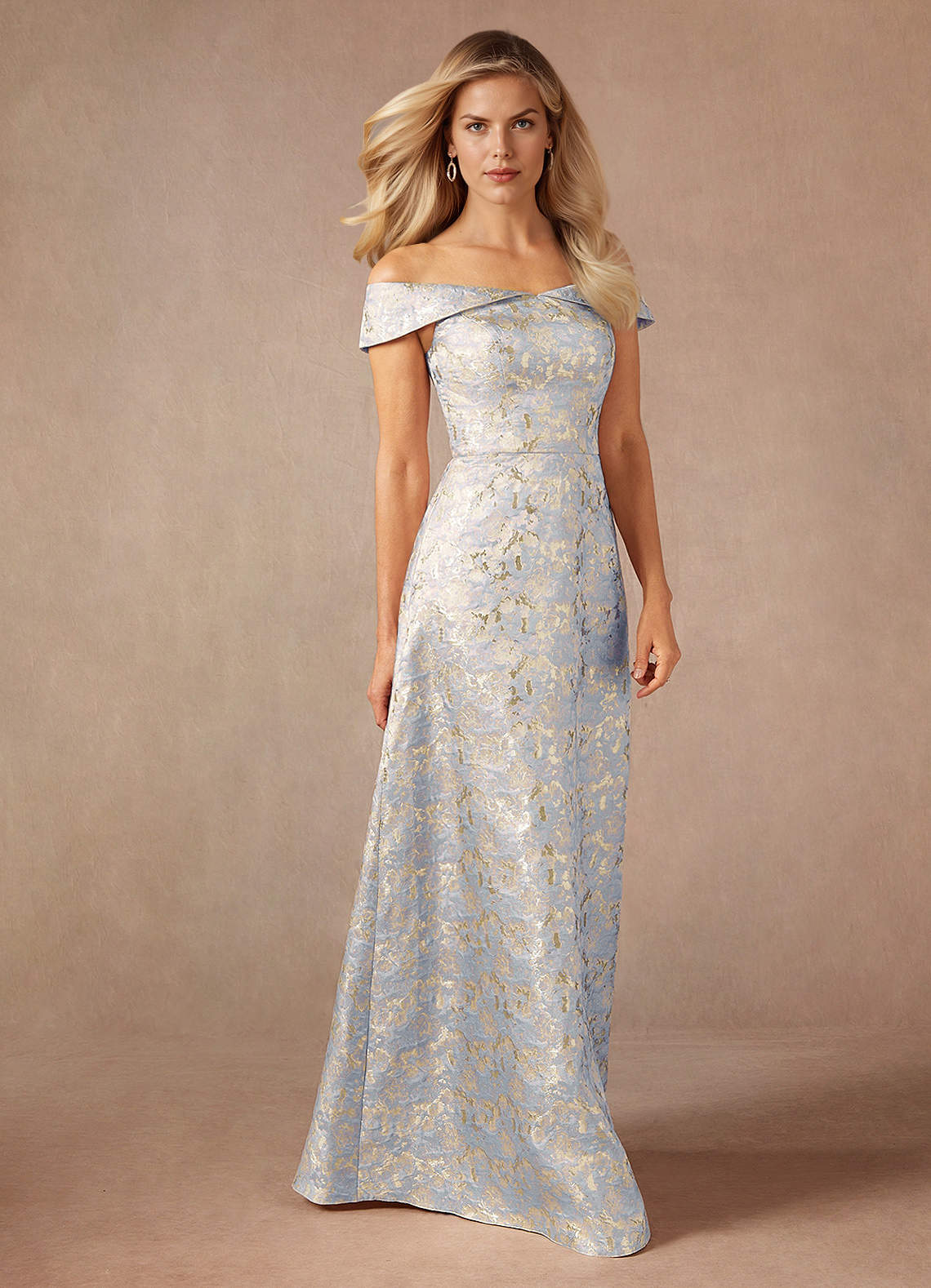 Dusty Blue A-Line Off the Shoulder Jacquard Dress