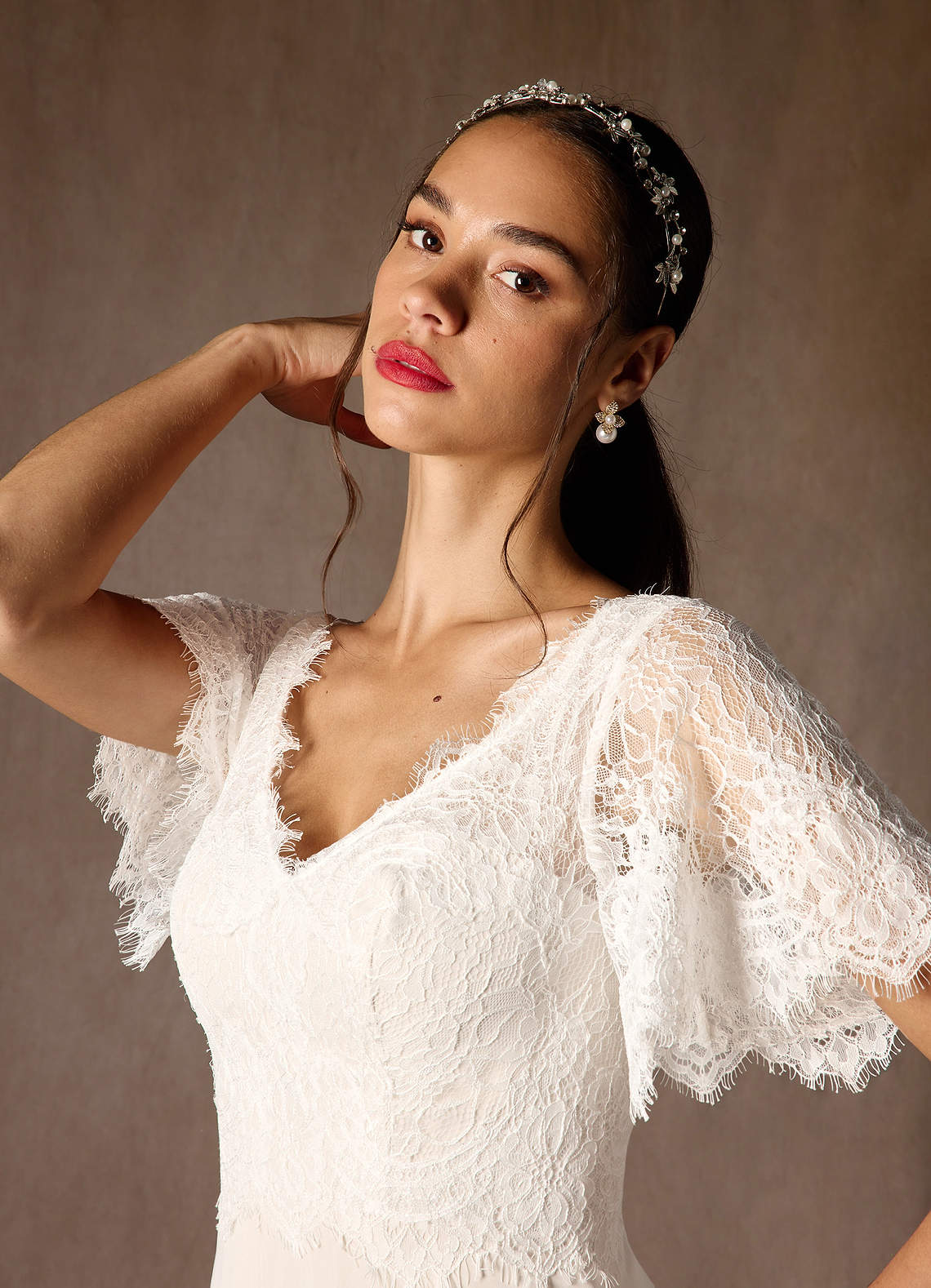 Diamond White Champagne A-Line V-Neck lace Chiffon Dress