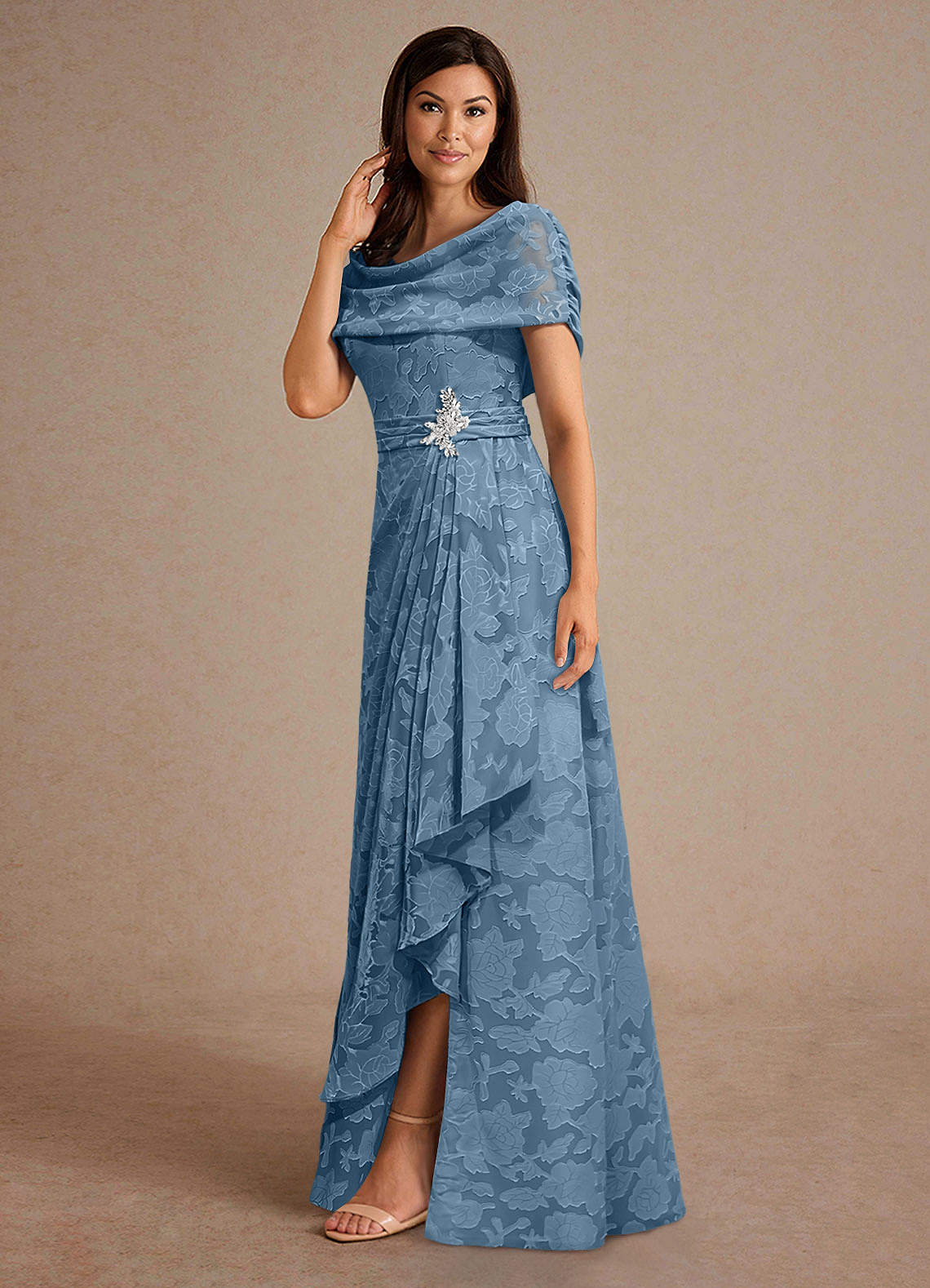 Steel Blue A-Line Pleated Floral Burnout Dress
