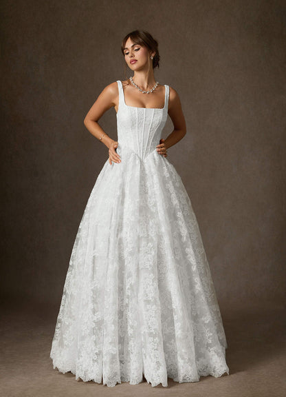Diamond White Ball-Gown Square Neckline Lace Dress