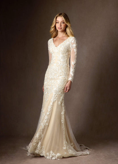 Diamond White Champagne Mermaid V-Neck lace Tulle Dress