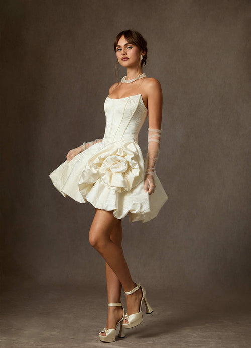 Antique White Ball-Gown Strapless Floral Jacquard Dress