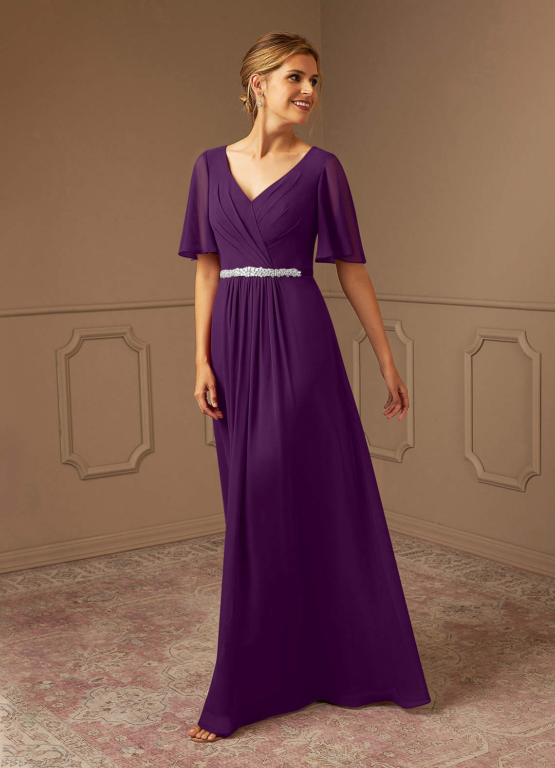 Grape A-Line V-Neck Pleated Chiffon Dress