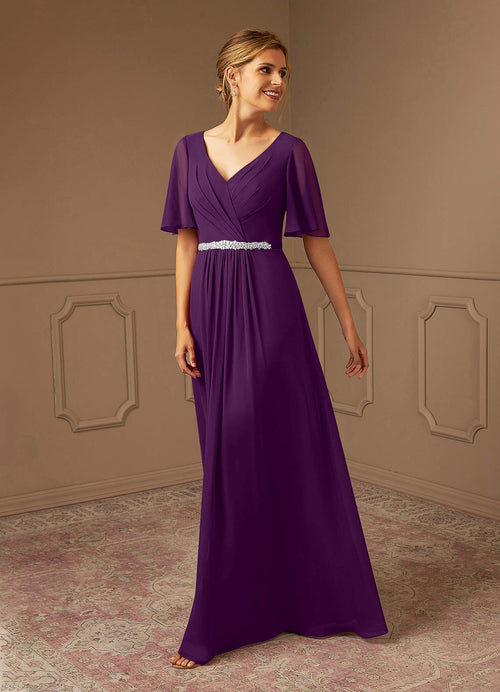 Grape A-Line V-Neck Pleated Chiffon Dress