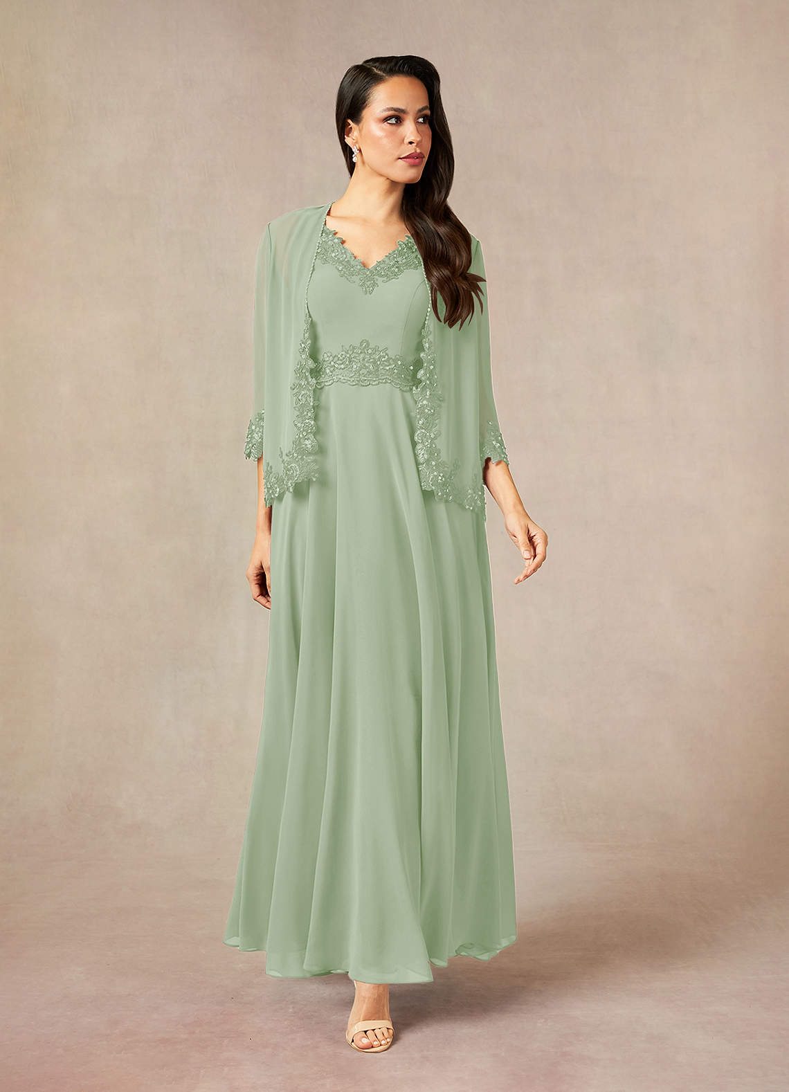 Dusty Sage A-Line Sequins Chiffon Dress
