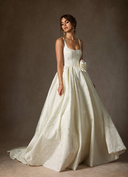 Antique White Ball-Gown with Pockets Floral Jacquard Dress