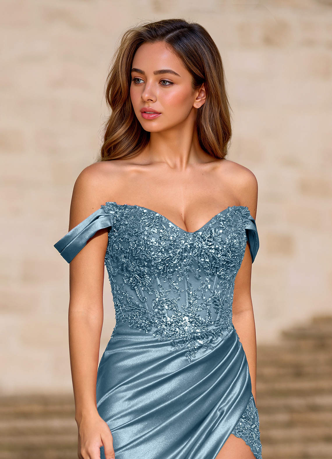 Opulence Dusty Blue Floral Corset Prom Dress  Dress