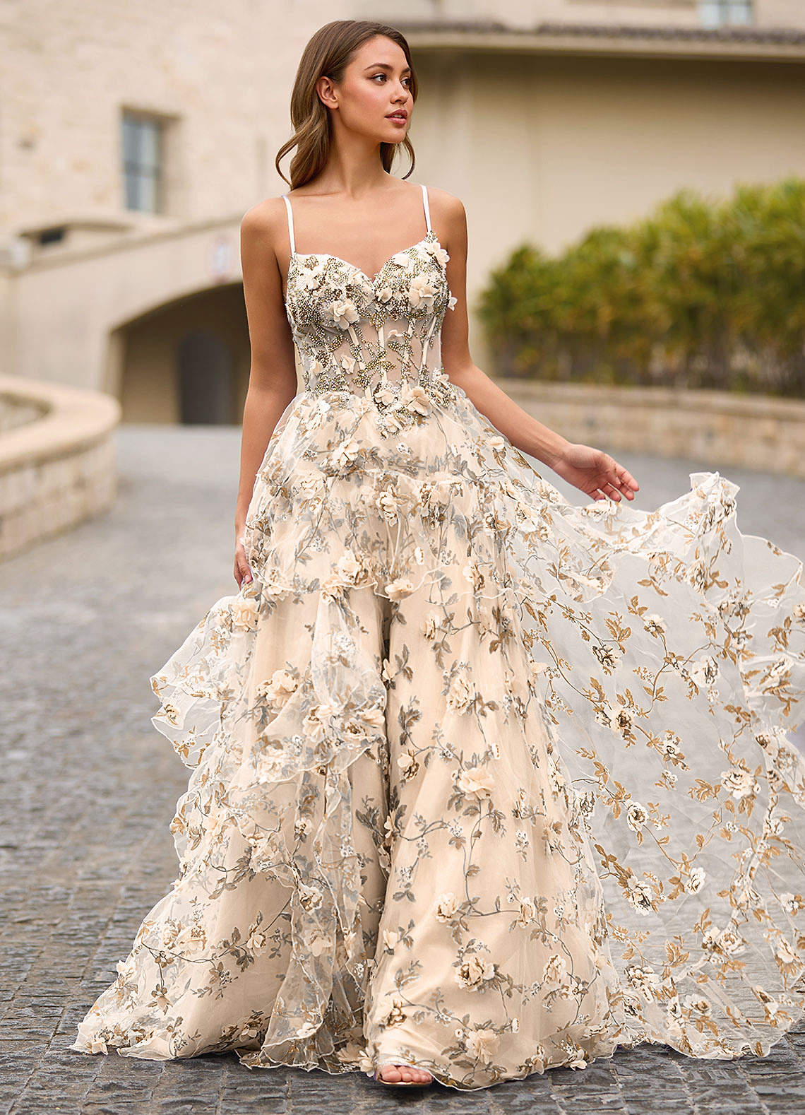 Elara Light Apricot 3D Floral Prom Dress  Dress