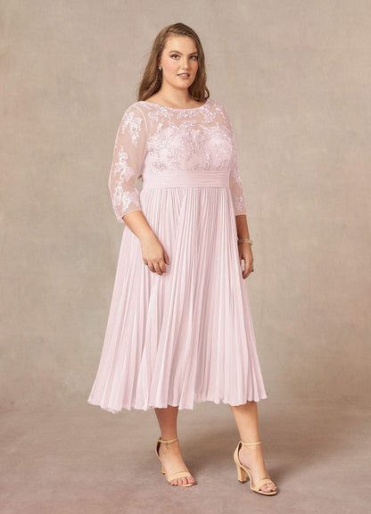 Blushing Pink A-Line Boatneck Lace Chiffon Dress