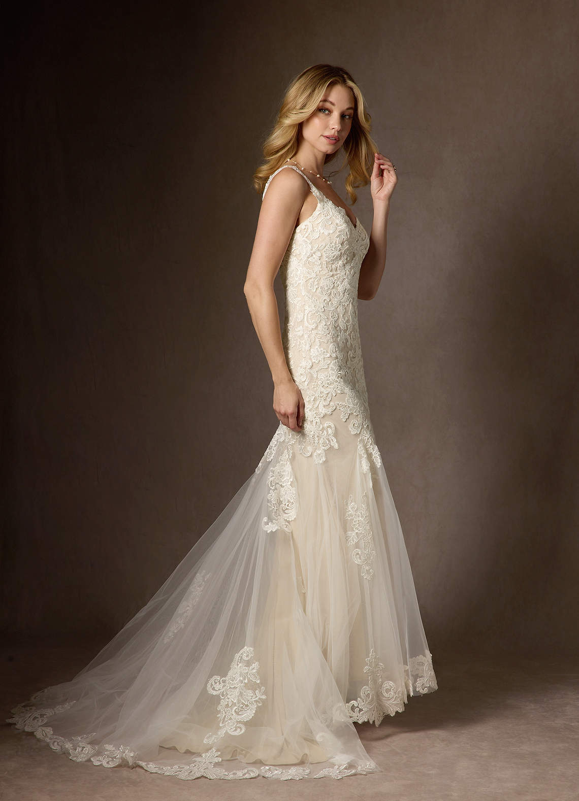 Diamond White Champagne Mermaid Sequins Tulle Dress