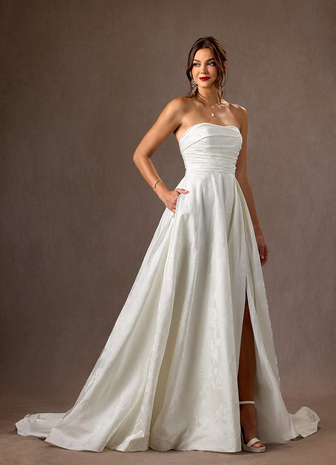 Diamond White A-Line Strapless Floral Jacquard Dress