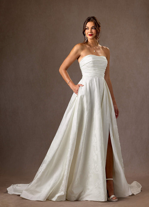 Diamond White A-Line Strapless Floral Jacquard Dress