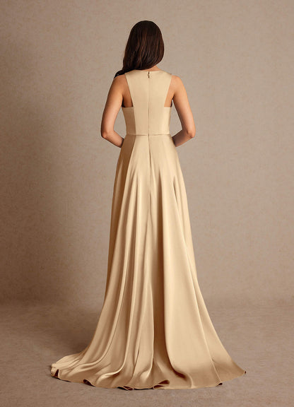 Champagne A-Line Trains Stretch Satin Dress