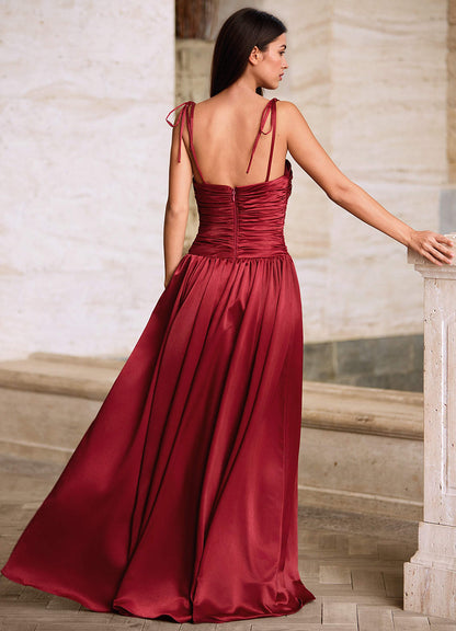 Luxa Burgundy Square Neckline Pleated Prom Dress