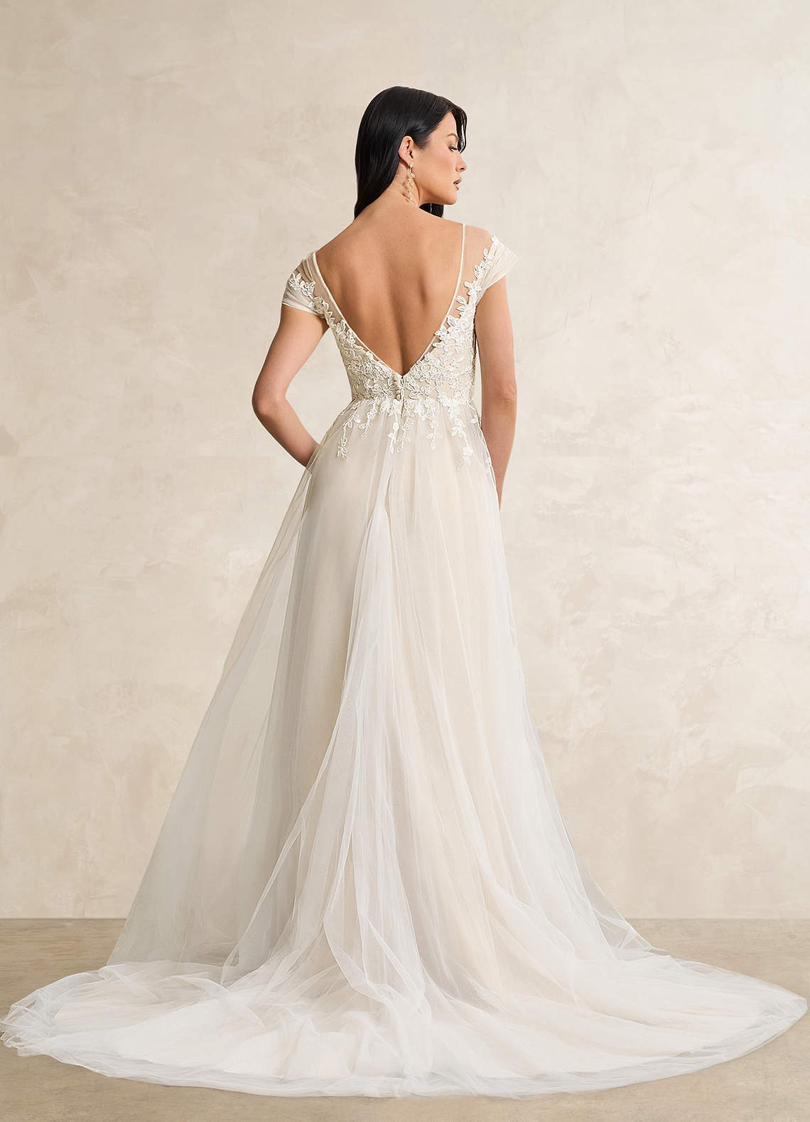Diamond White Champagne A-Line V-Neck Tulle Dress