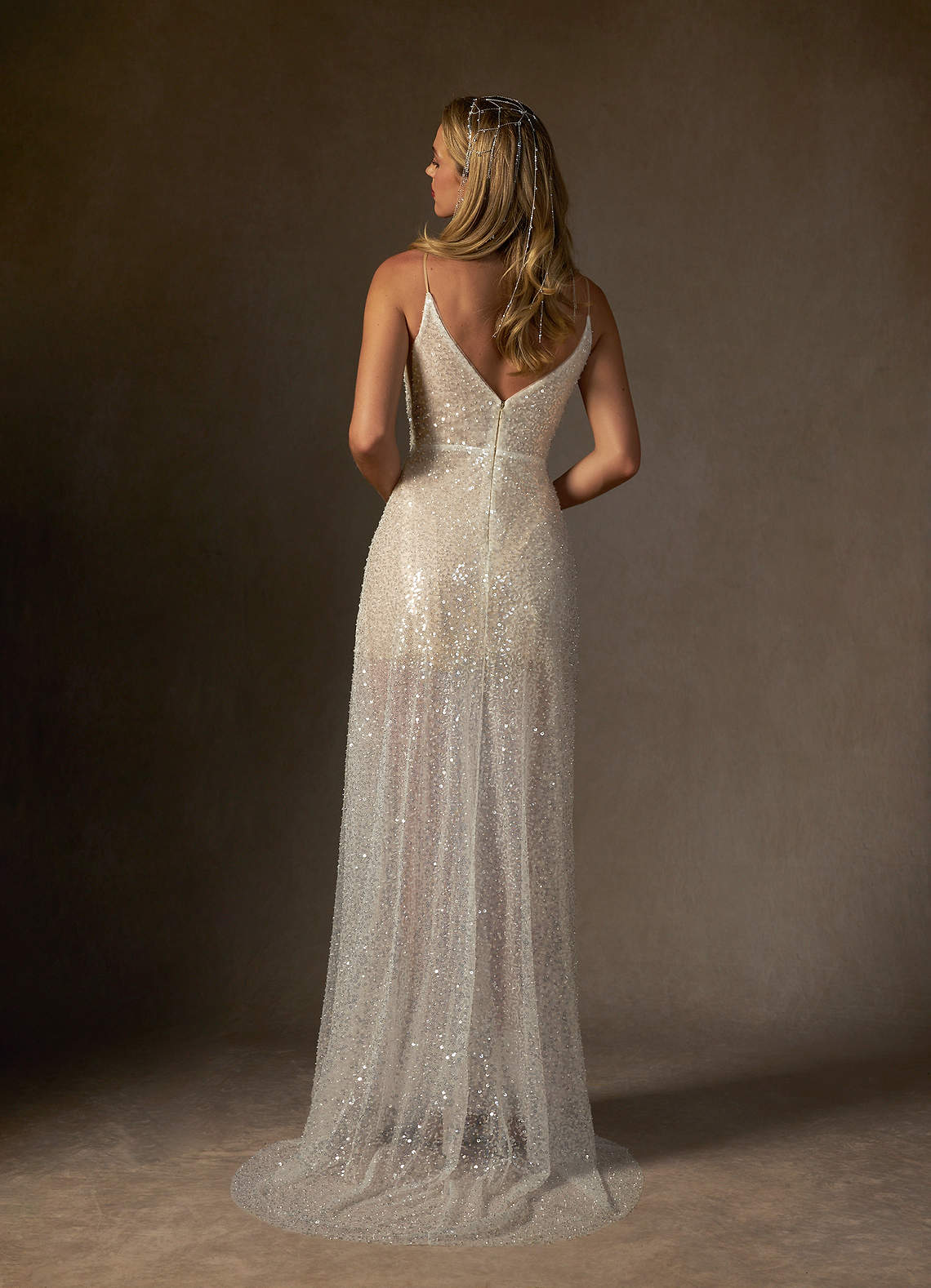 Diamond White Champagne A-Line V-Neck Sequins Sequins Dress