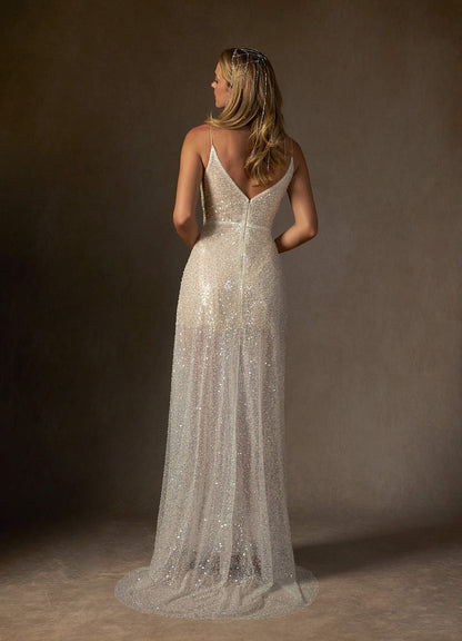Diamond White Champagne A-Line V-Neck Sequins Sequins Dress