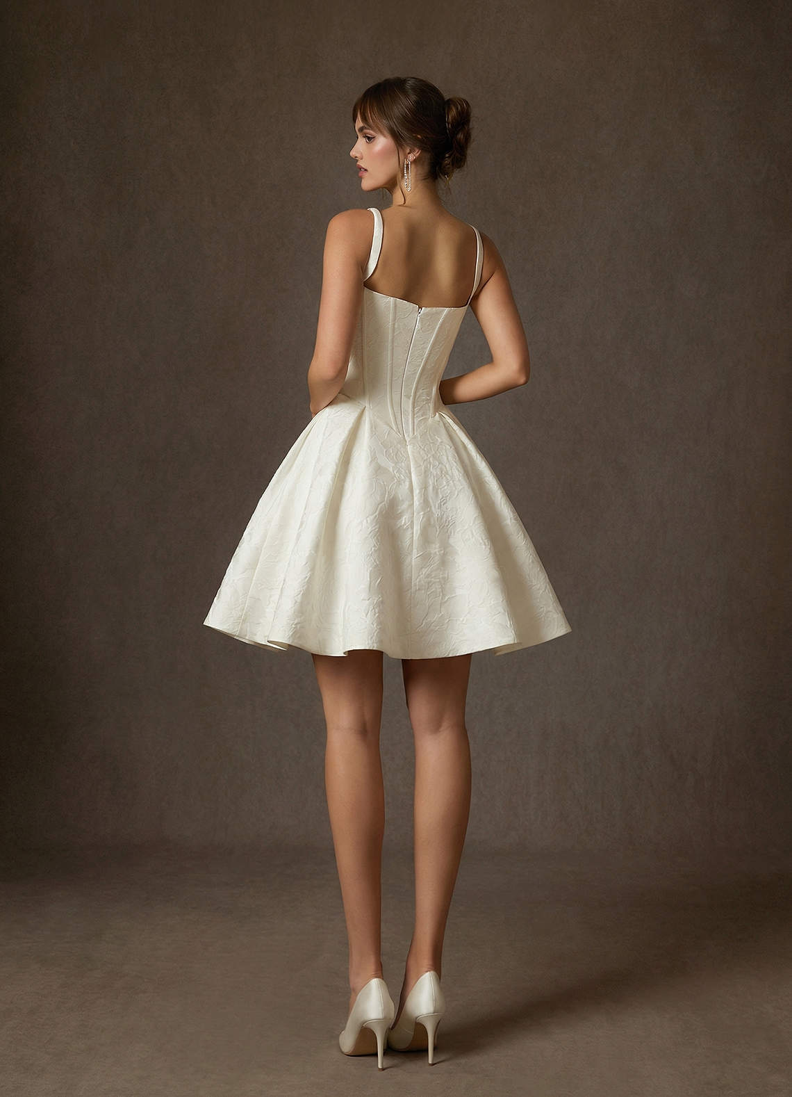 Antique White A-Line with Pockets Floral Jacquard Dress