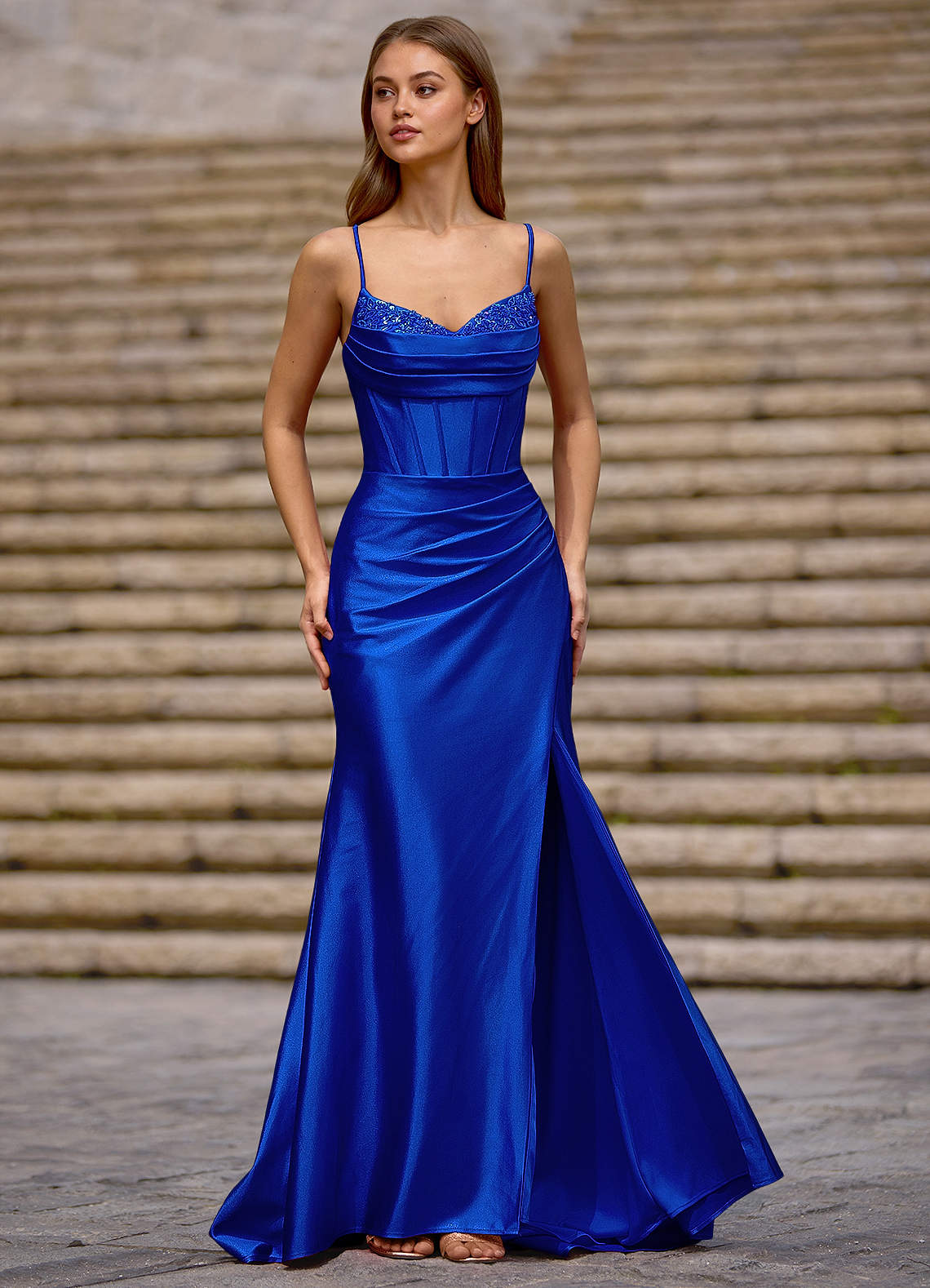 Glow Blue Silk-Like Satin Prom Dress