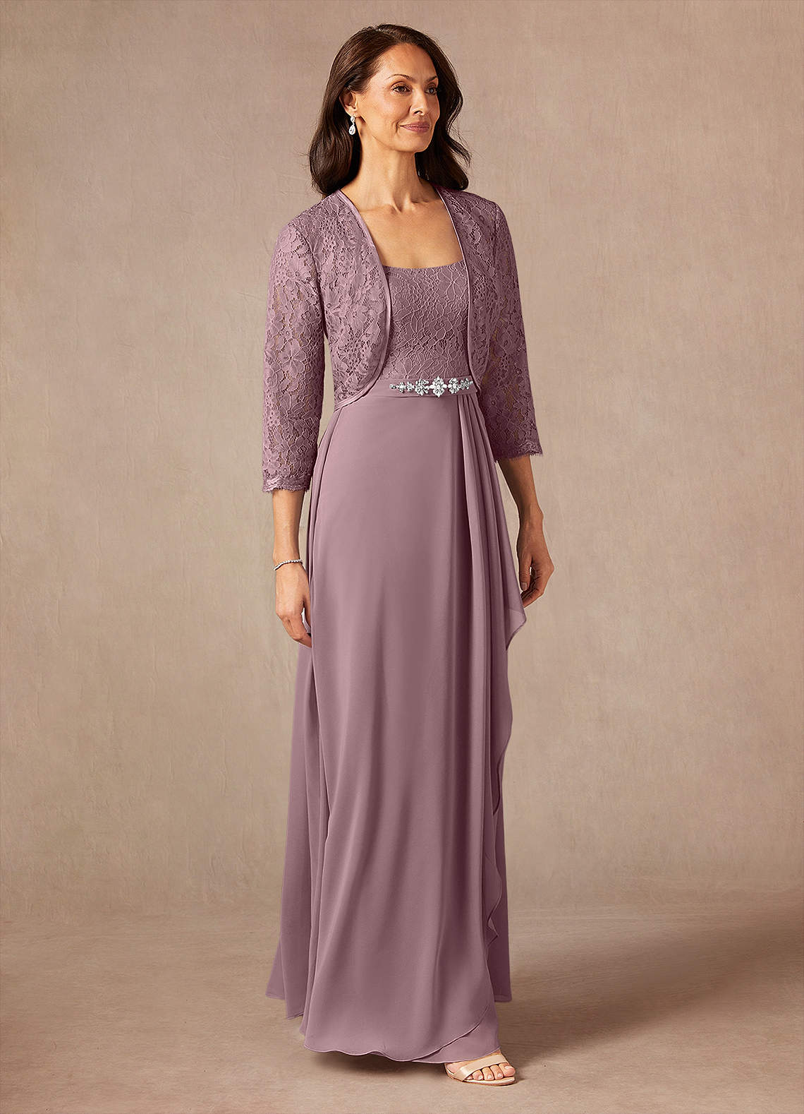 Dusty Rose A-Line Square Neckline Lace Chiffon Dress