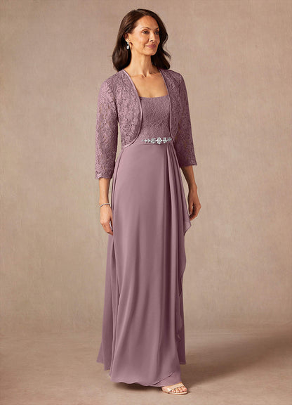 Dusty Rose A-Line Square Neckline Lace Chiffon Dress