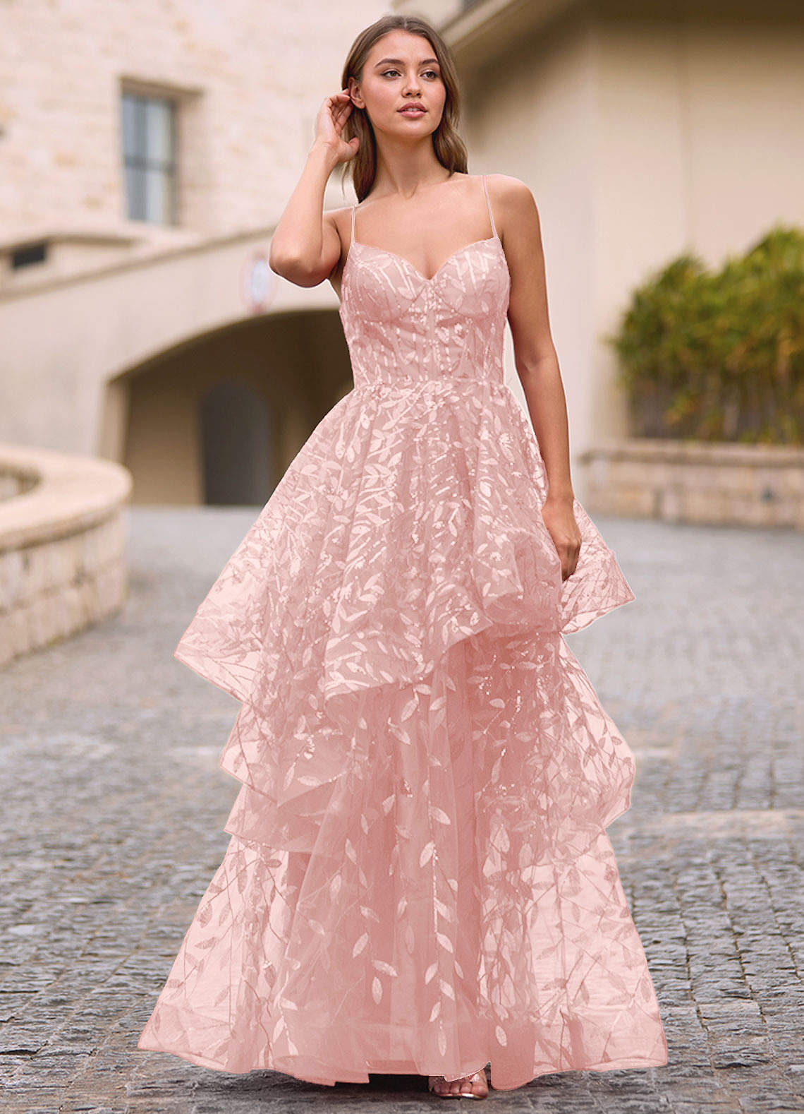 Valentina Pink Embroidered Jacquard Sheer Prom Dress  Dress
