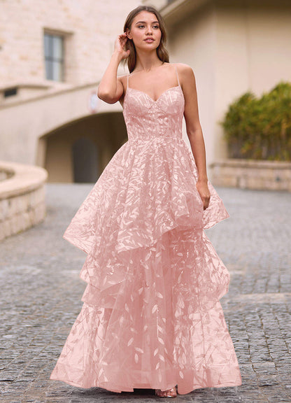 Valentina Pink Embroidered Jacquard Sheer Prom Dress  Dress