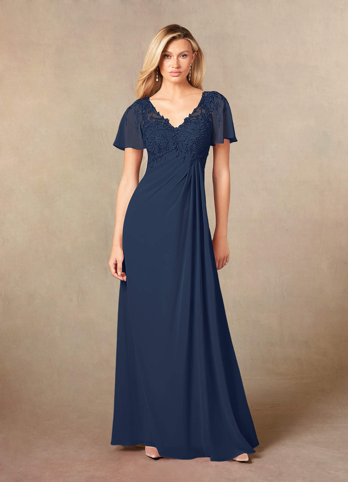 Dark Navy A-Line V-Neck Lace Chiffon Dress