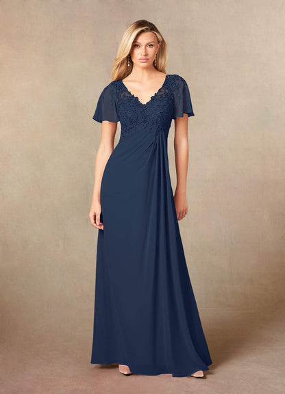 Dark Navy A-Line V-Neck Lace Chiffon Dress