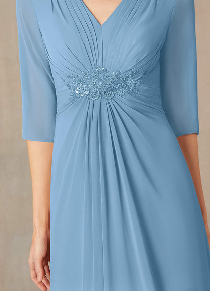 Steel Blue A-Line Sequins Chiffon Dress