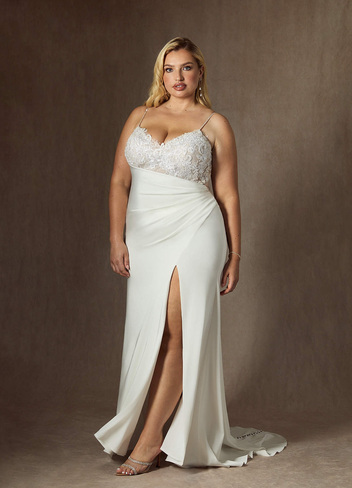 Diamond White Mermaid V-Neck Sequins Stretch Satin Dress