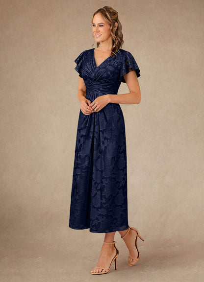 Dark Navy A-Line Pleated Floral Burnout Dress