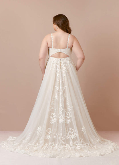 Diamond White Champagne A-Line V-Neck Lace Tulle Dress