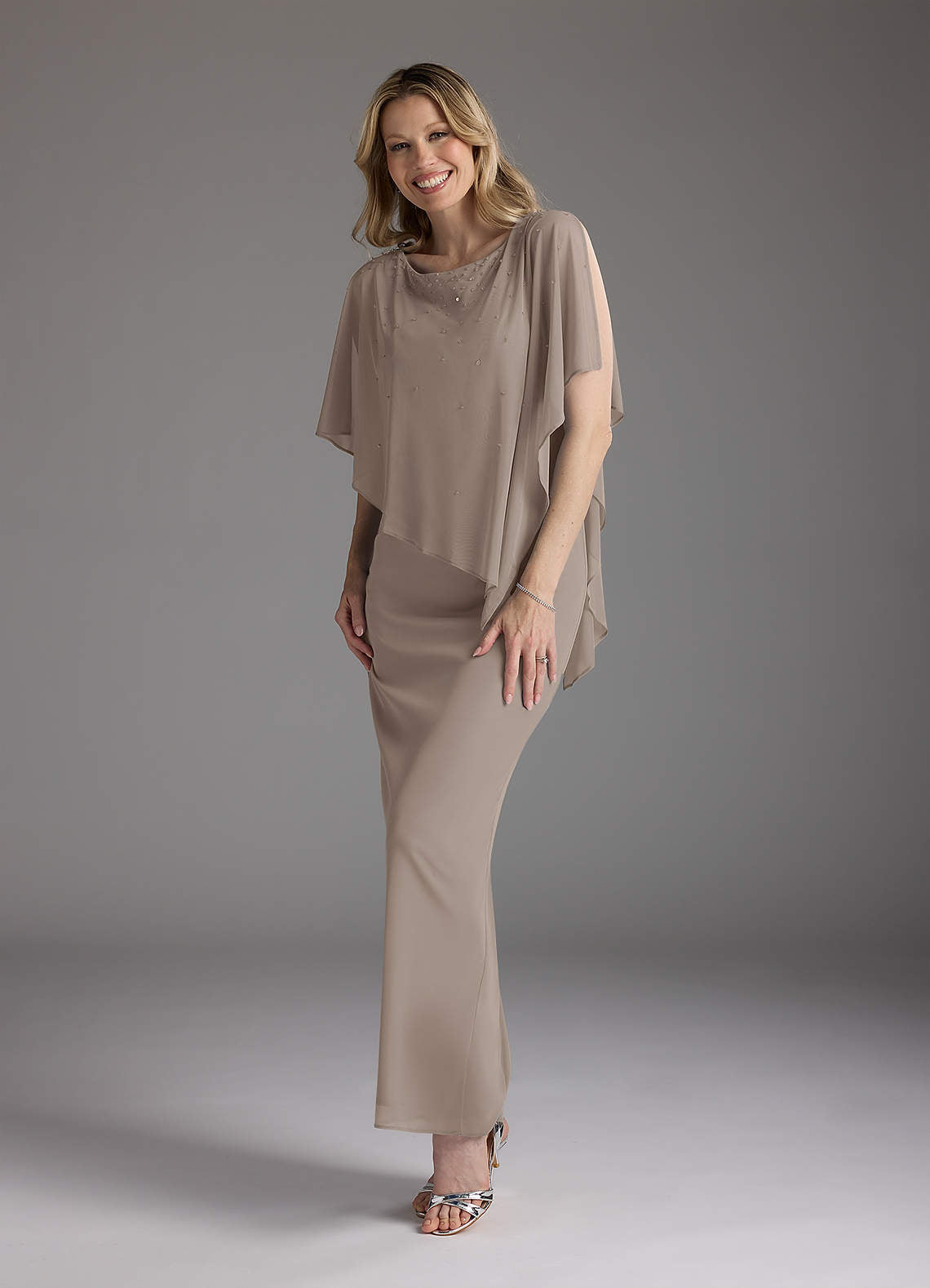Taupe Sheath Beaded Mesh Dress