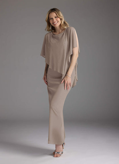 Taupe Sheath Beaded Mesh Dress