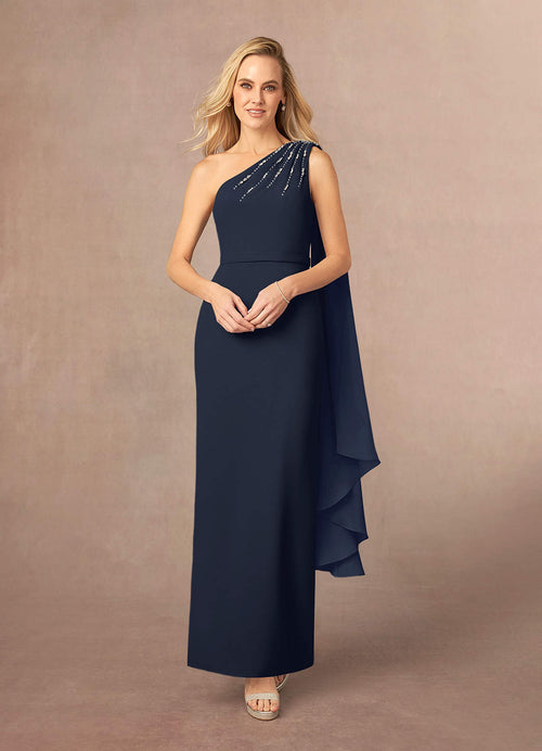 Dark Navy One Shoulder Stretch Crepe Dress