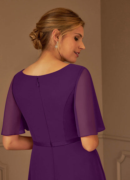 Grape A-Line V-Neck Pleated Chiffon Dress