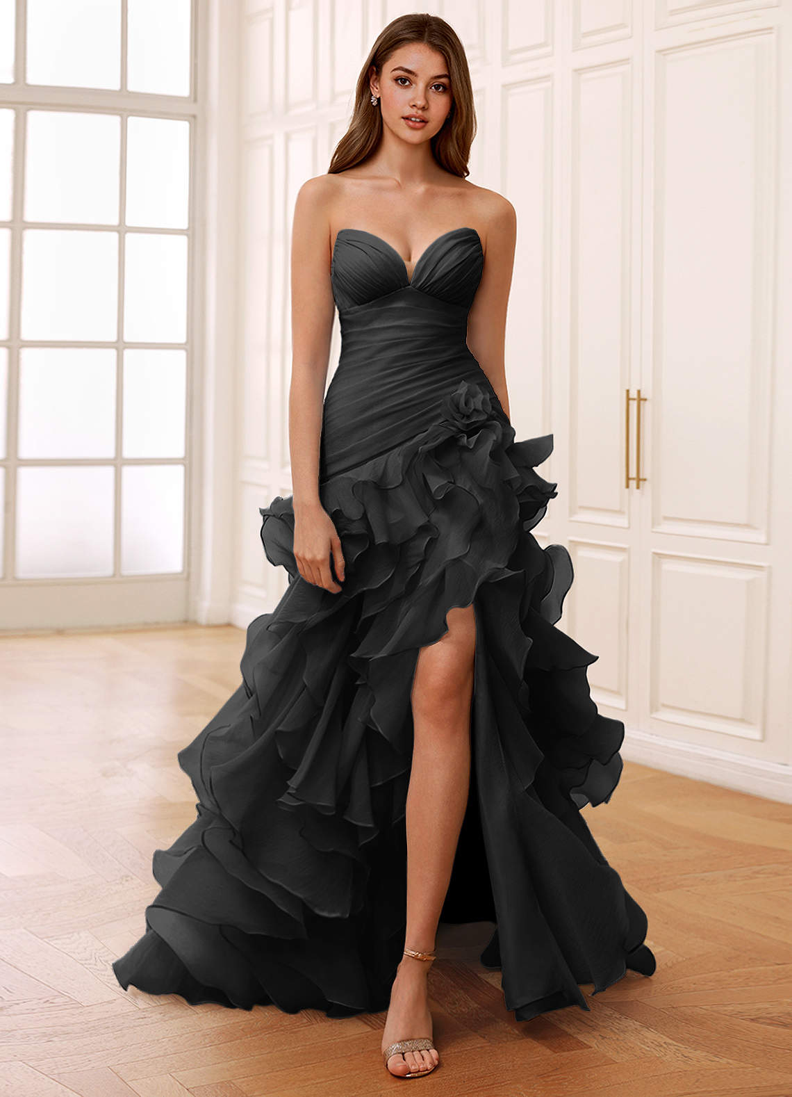 Christabelle Black Corset Rhinestone Sheer Lace Prom Dress