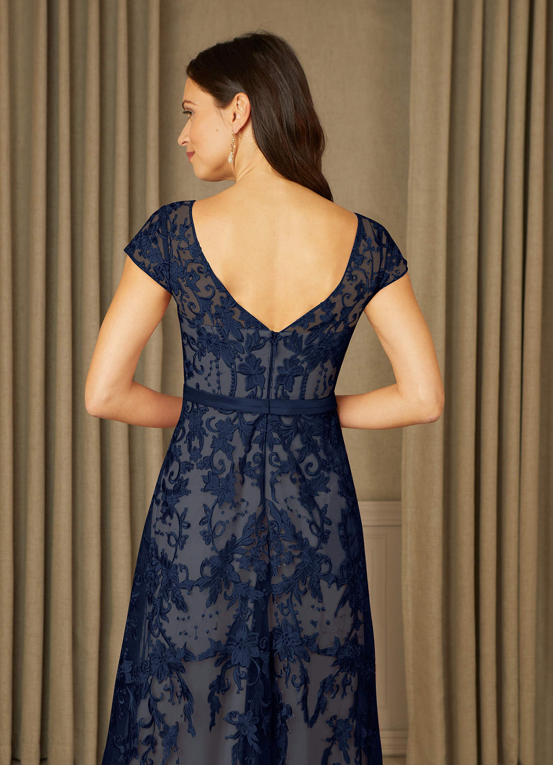 Dark Navy Champagne A-Line Scoop Lace Tulle Dress