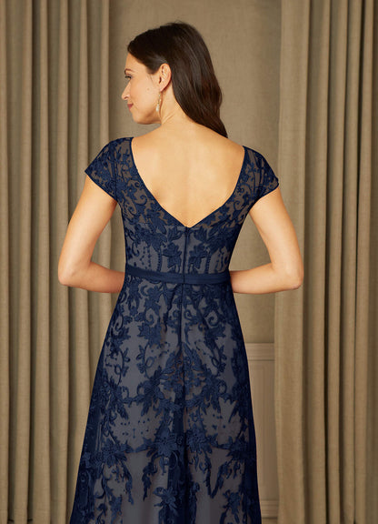 Dark Navy Champagne A-Line Scoop Lace Tulle Dress