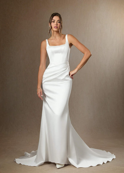 Diamond White Mermaid Square Neckline Double Faced Satin Dress